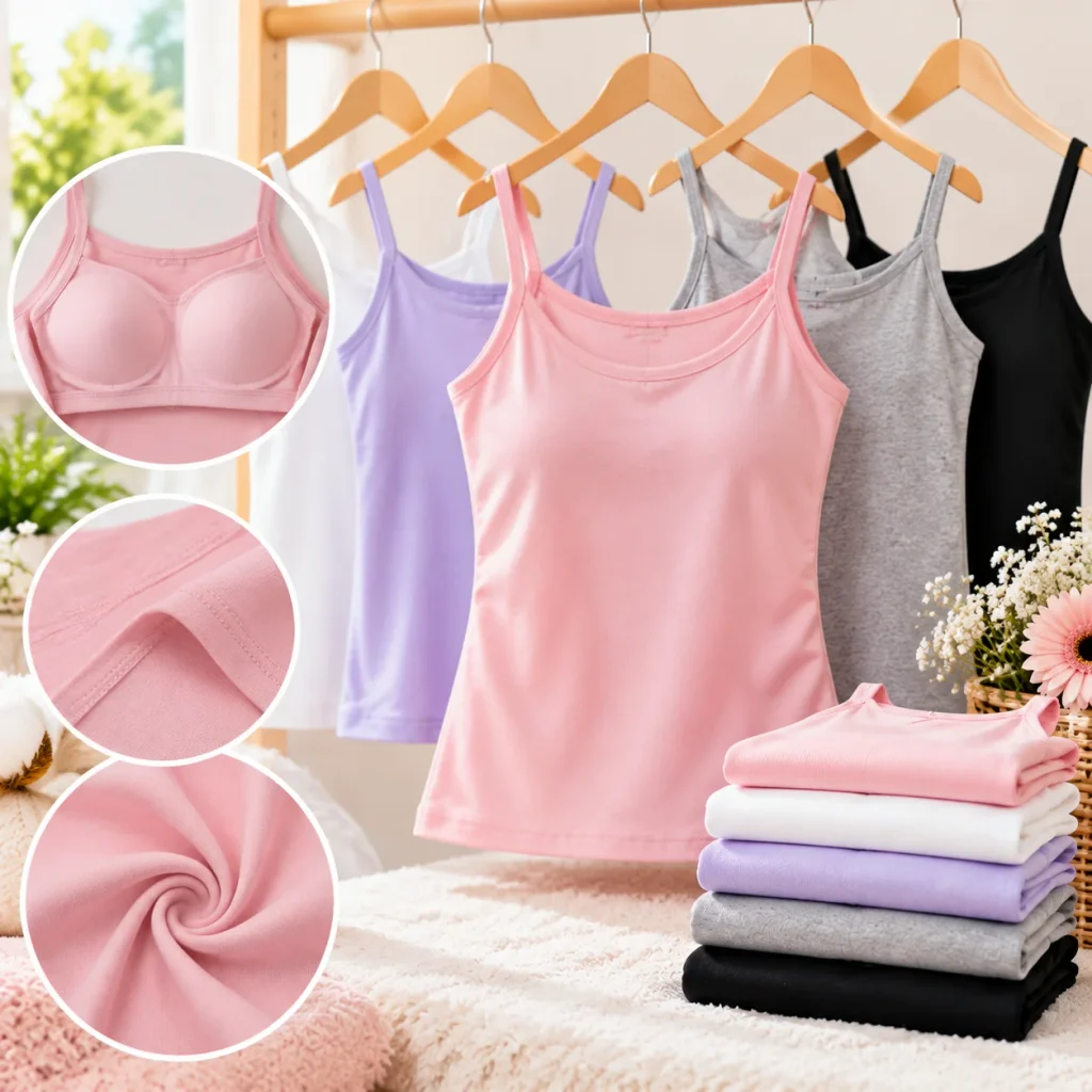 Built-in shelf bra cami for girls with soft fabric and supportive layered comfort design