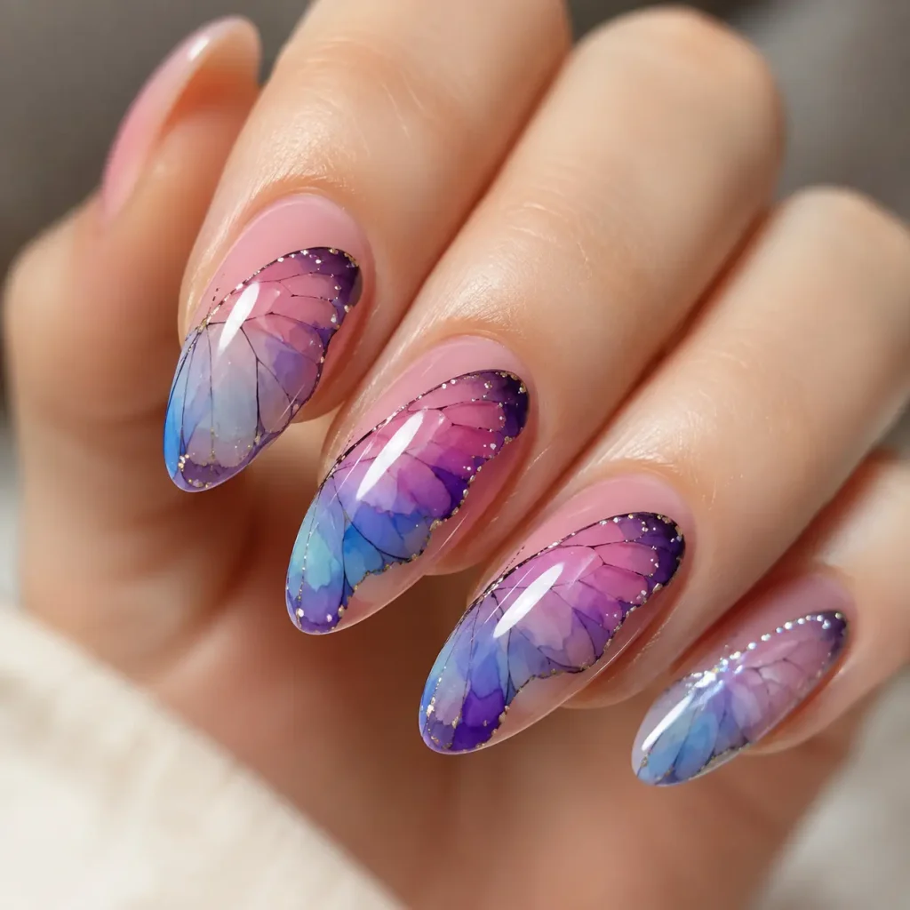 Butterfly wing blooming gel nails with purple pink and blue watercolor details