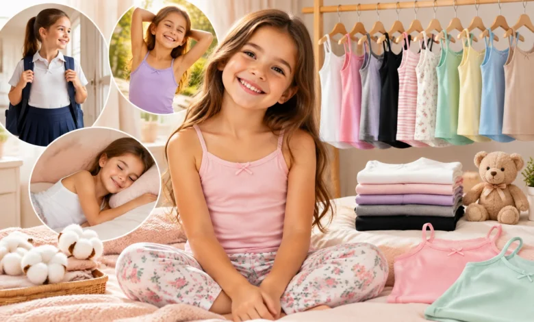 Girls camis collection featuring soft comfortable camisole tops in pastel colors for everyday wear, layering, school, and sleepwear