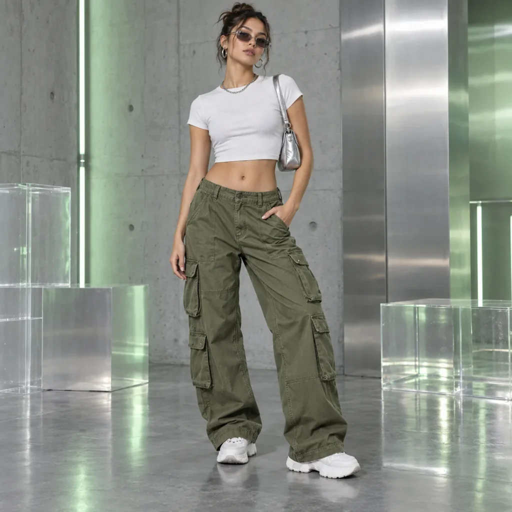Woman wearing olive cargo pants with a fitted white crop top