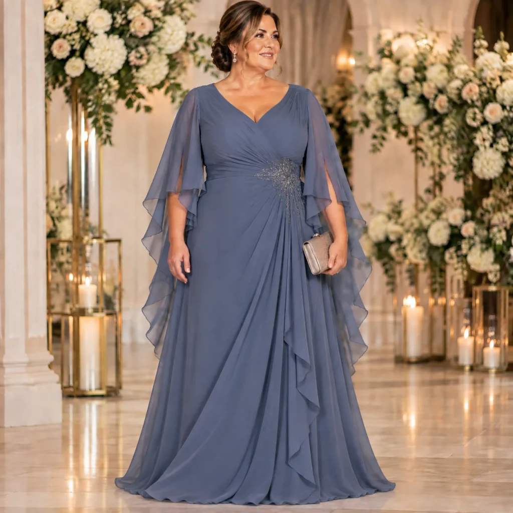 Elegant plus size mother of the bride chiffon cape-sleeve gown for wedding