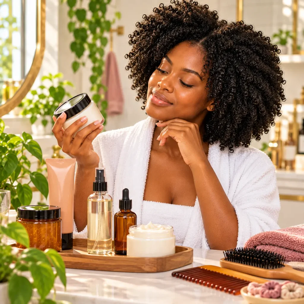 Black woman choosing moisturizing hair products for her 4C curls based on hair texture, porosity, and moisture needs.