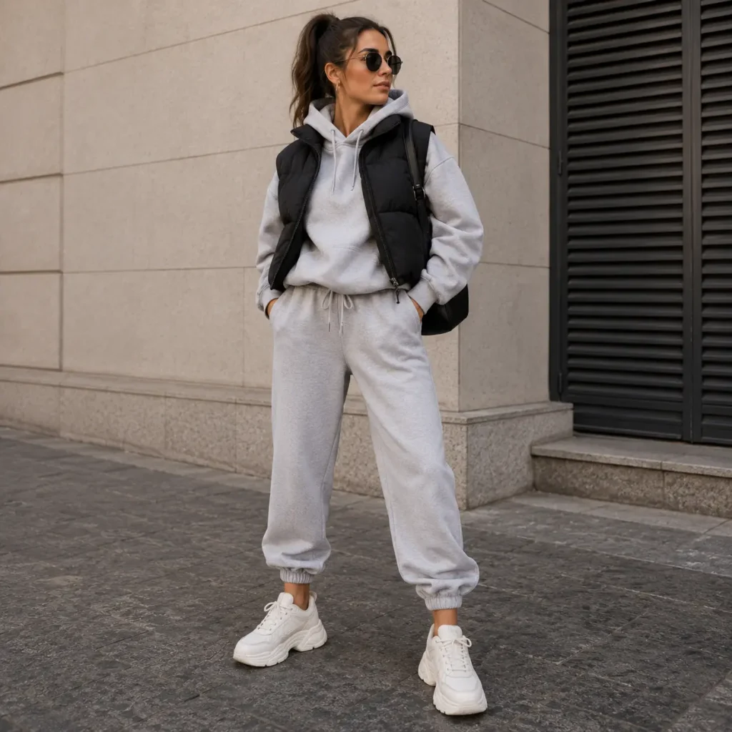 Woman wearing chunky white sneakers with gray joggers, hoodie, and puffer vest