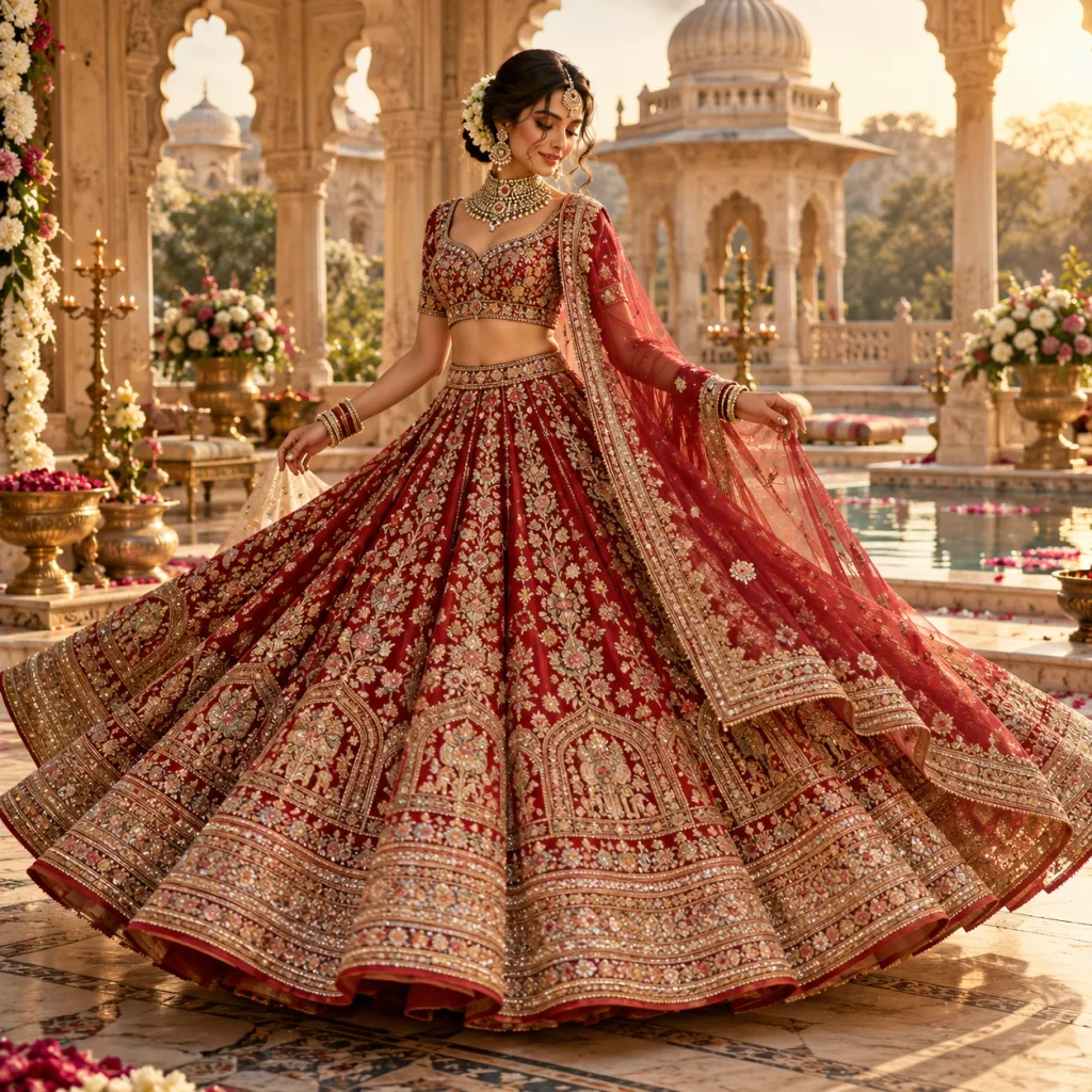 Traditional circular lehenga with a wide flared skirt, rich embroidery, and royal bridal styling
