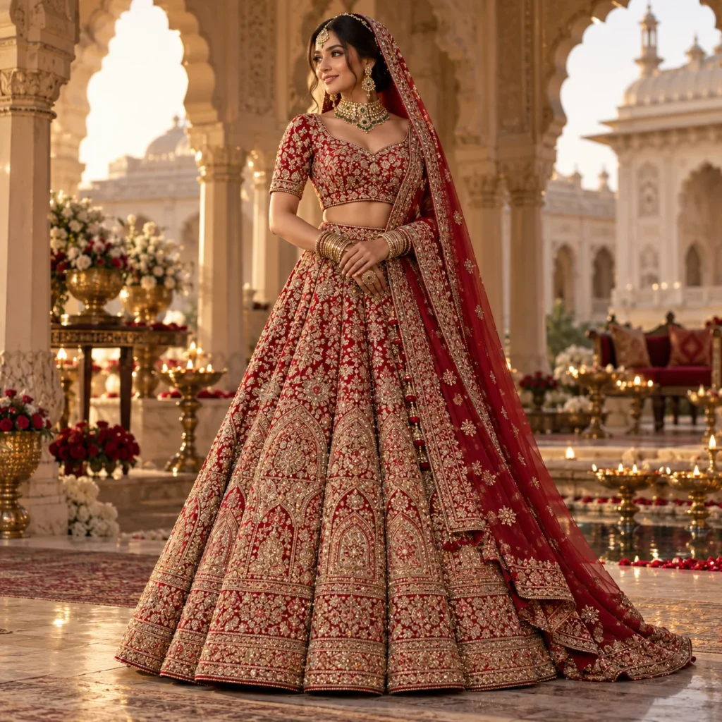 Classic A-line bridal lehenga in red with intricate gold embroidery worn by a bride in a royal palace courtyard