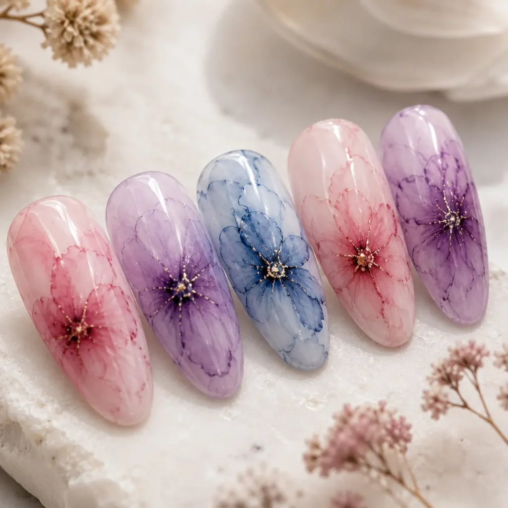 Classic blooming gel flower design with soft pink, purple, and blue watercolor petals on glossy nails