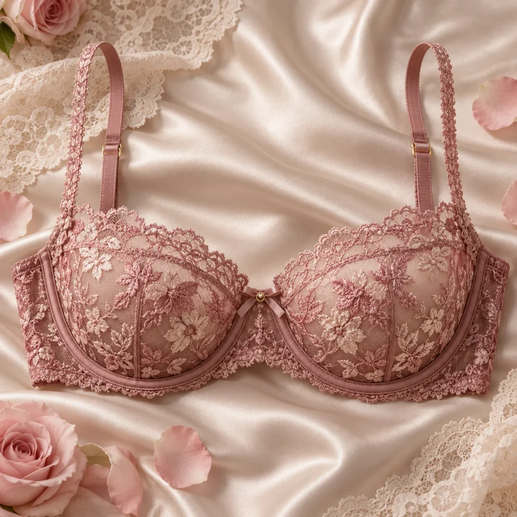 Classic lace balconette bra with floral detailing displayed on soft satin fabric with romantic rose accents.