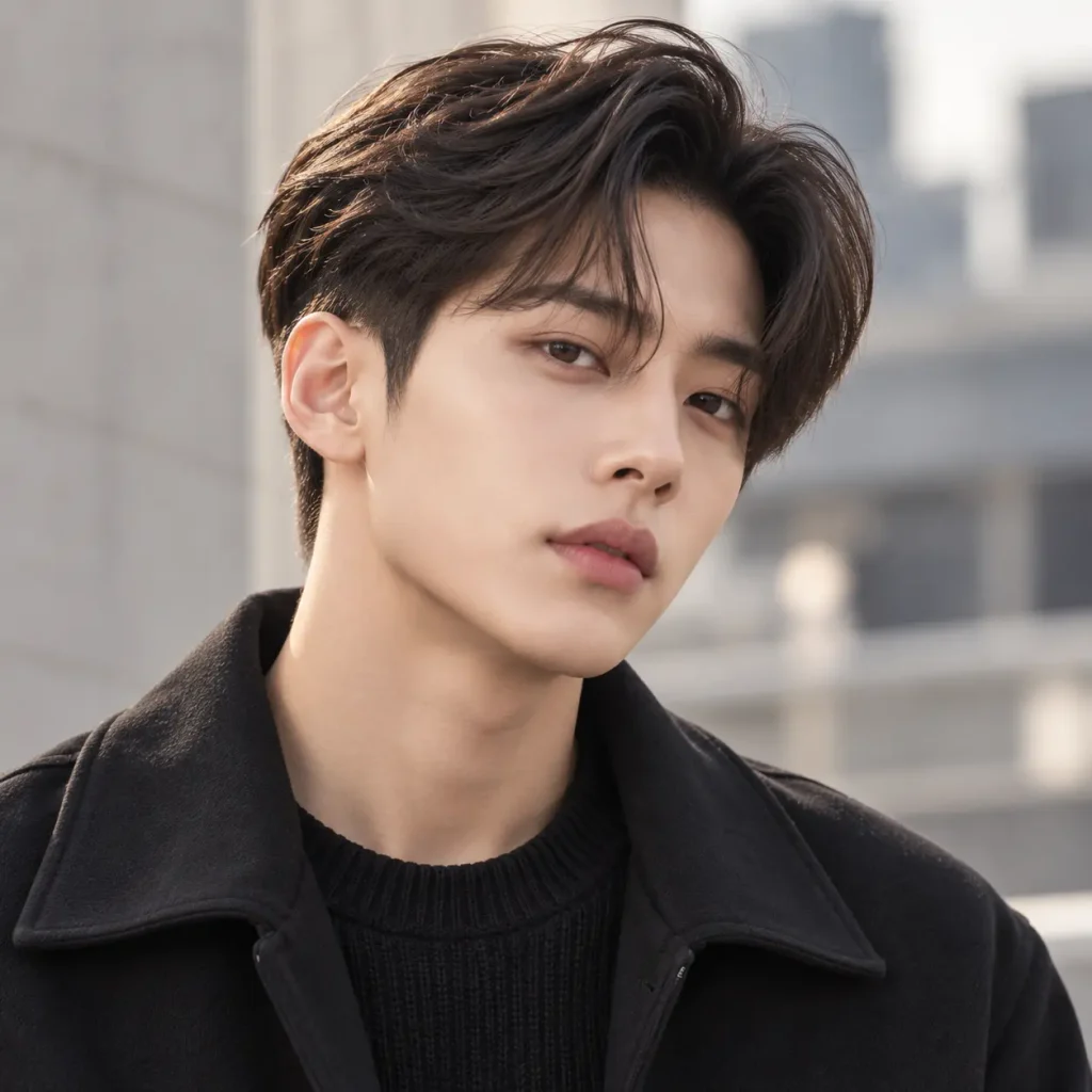 Classic two block comma hair with soft curved fringe and short sides