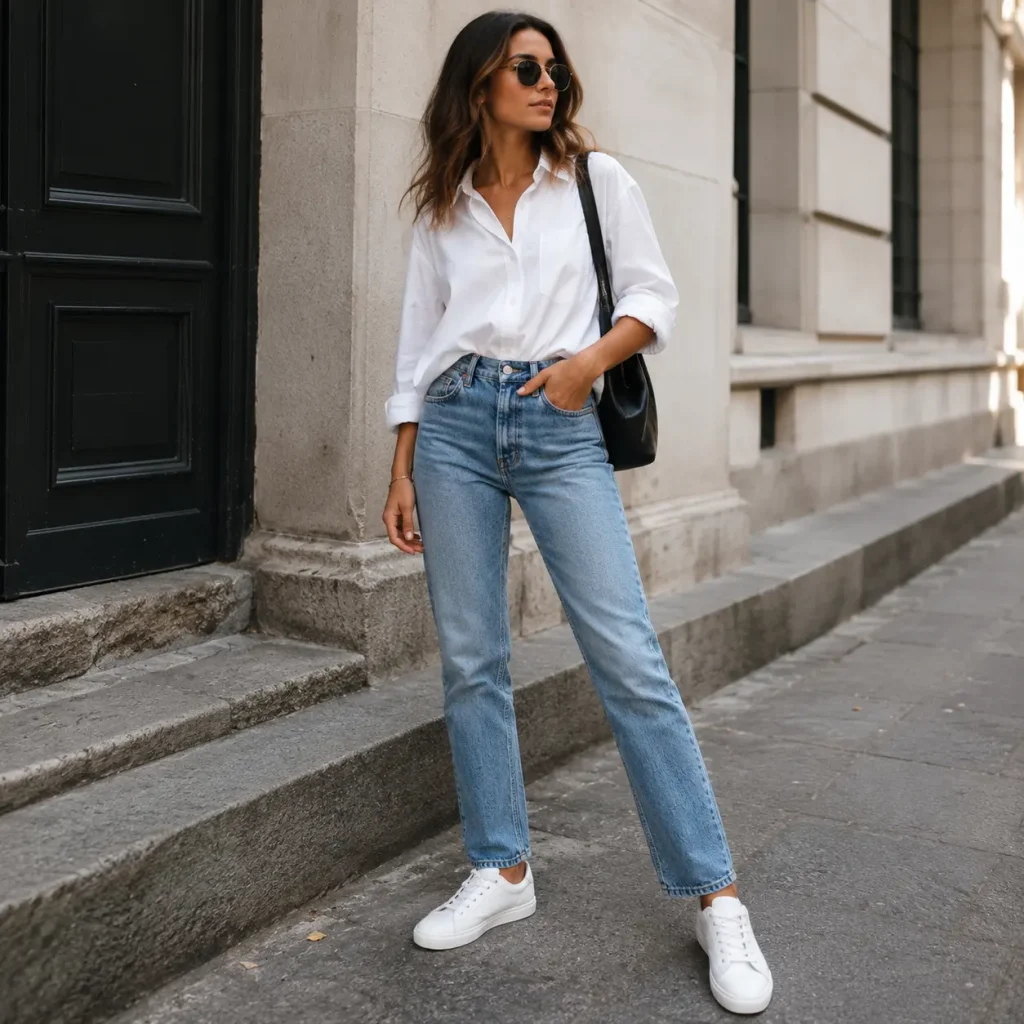 Woman wearing classic white sneakers with straight-leg blue jeans and a white shirt