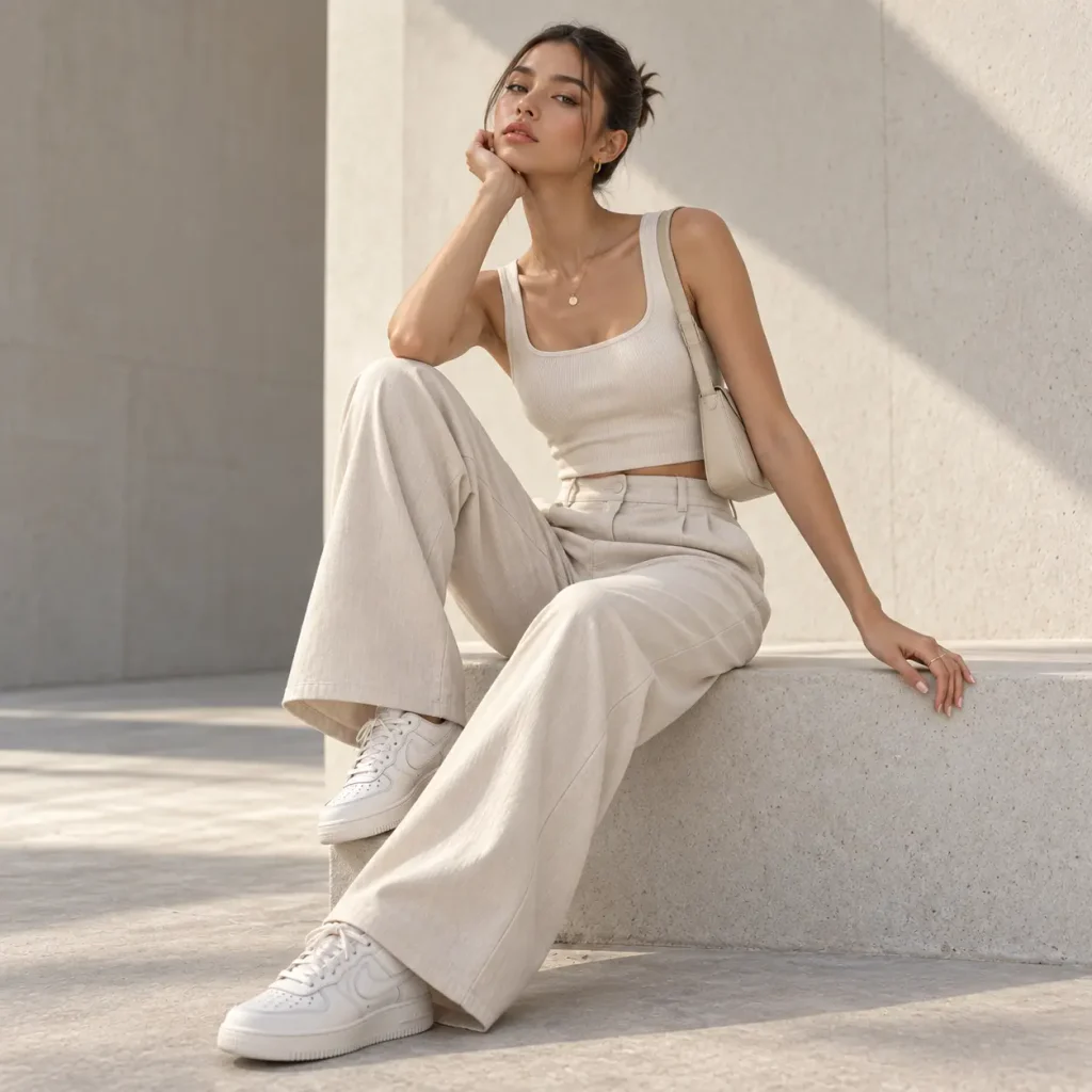Woman wearing a neutral matching set with slicked-back bun, minimal gold jewelry and white sneakers