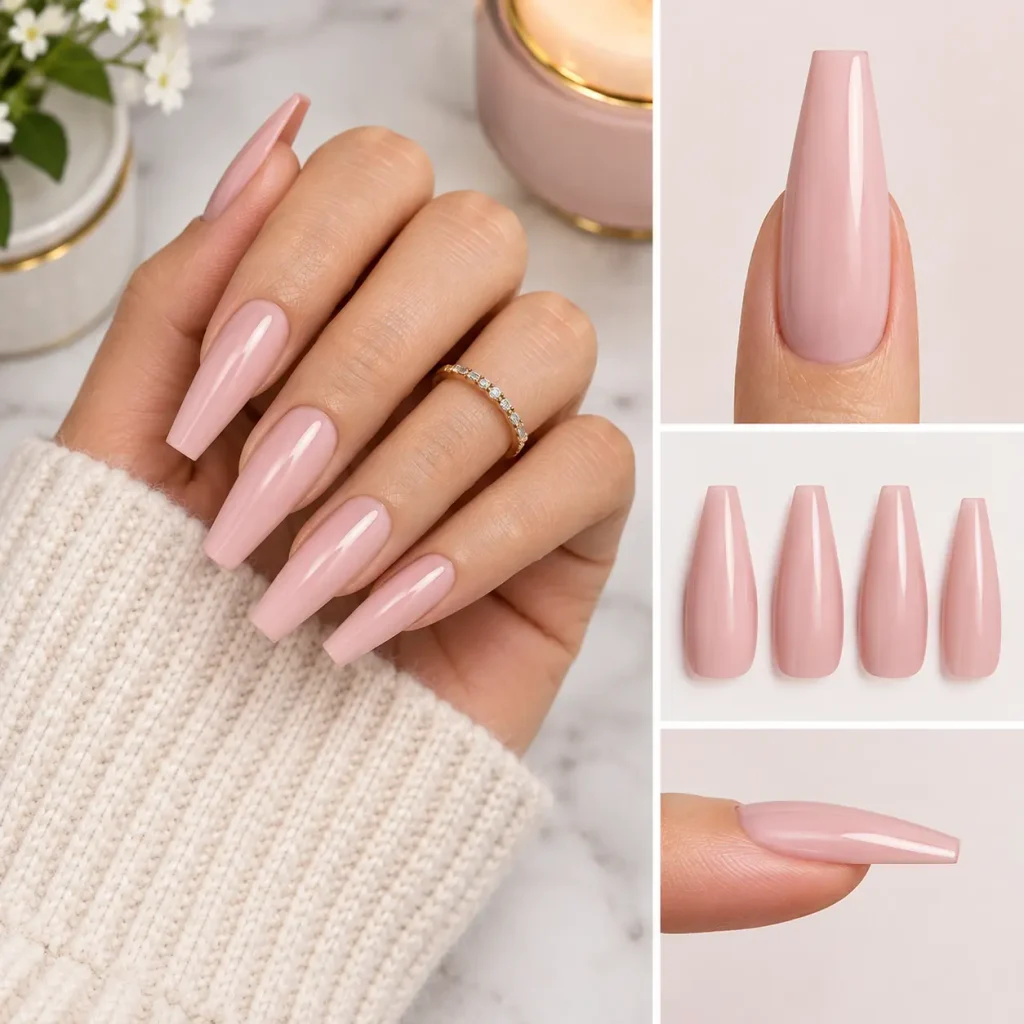 Glossy pink coffin-shaped nails with tapered sides and flat tips