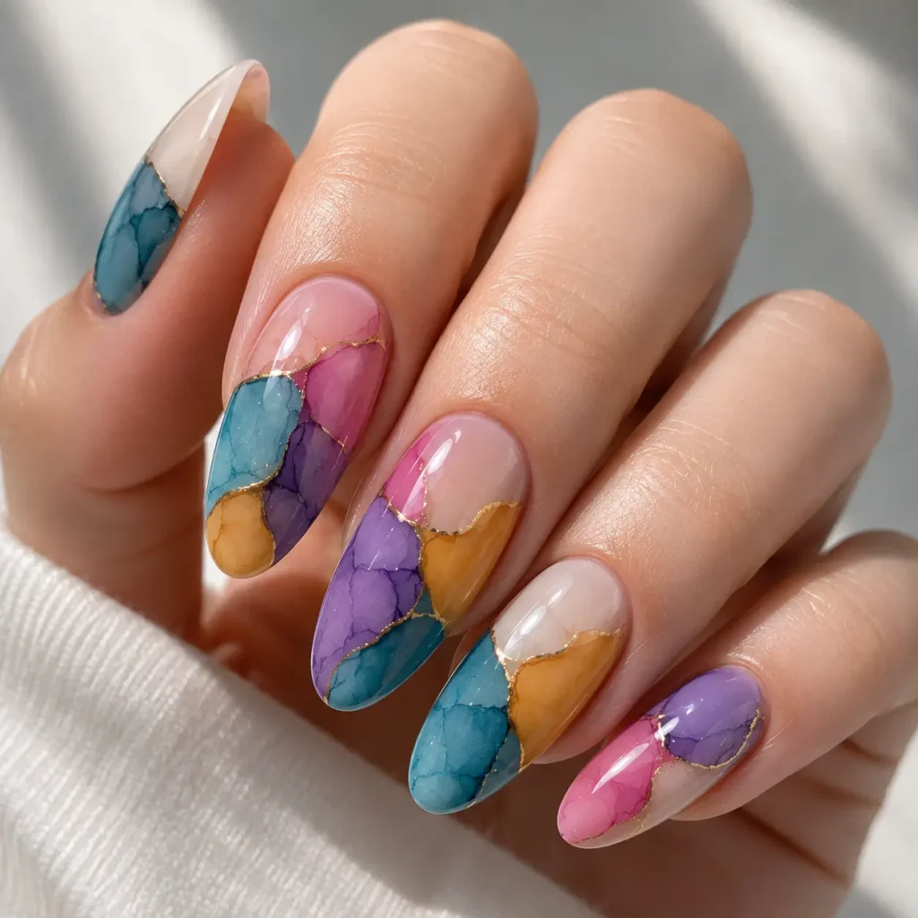 Colorblock blooming gel nails with pink purple teal and gold geometric sections