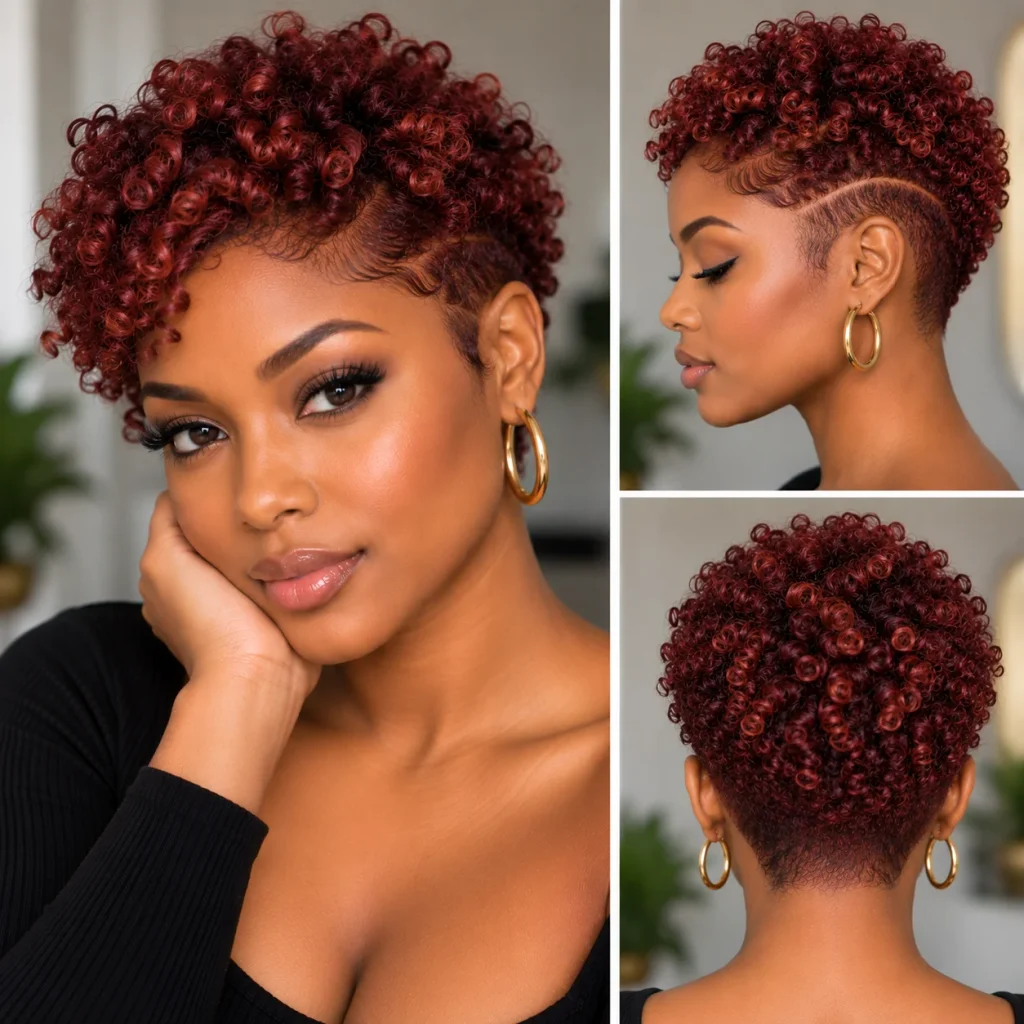 Black woman with a short burgundy natural hairstyle and defined curls