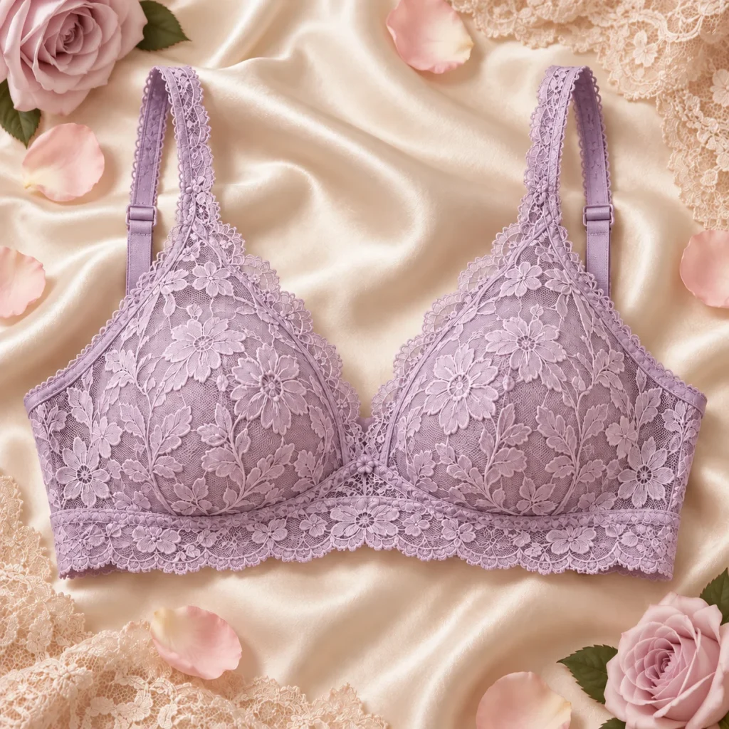 Pastel lavender lace bra with floral embroidery displayed on satin fabric with soft romantic decorations.