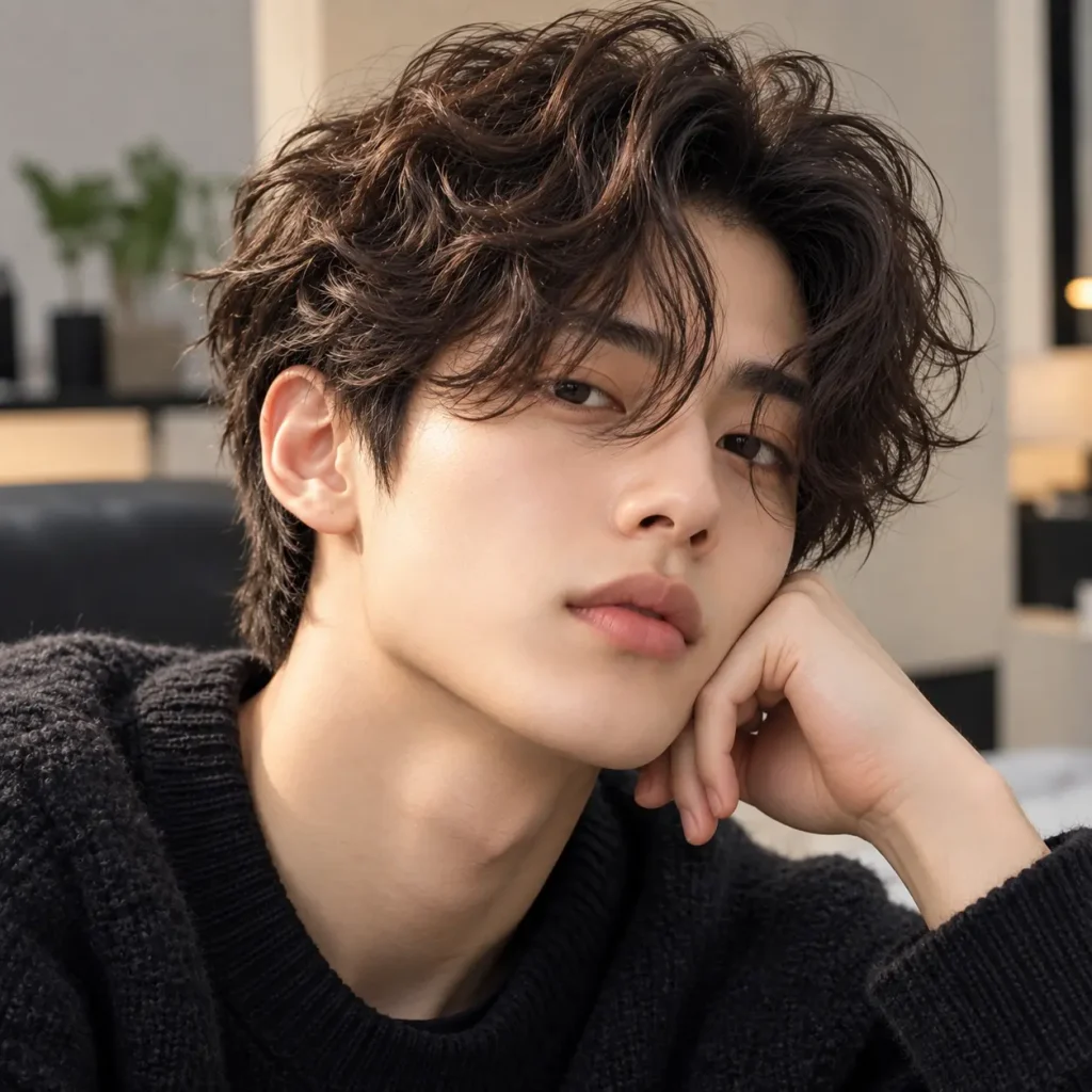 Comma hair perm with soft waves and defined curved Korean fringe