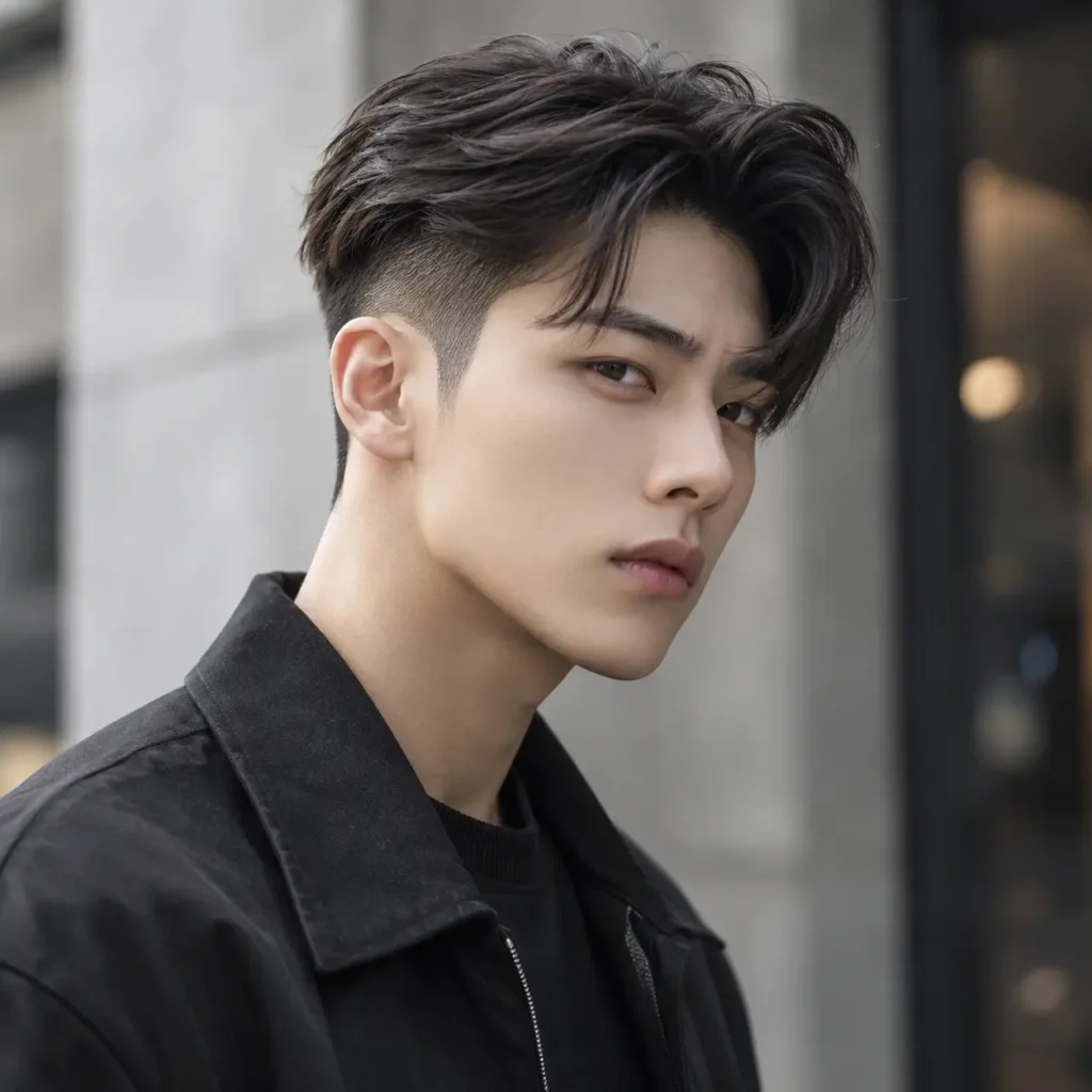 Comma hair undercut with short shaved sides and voluminous curved fringe