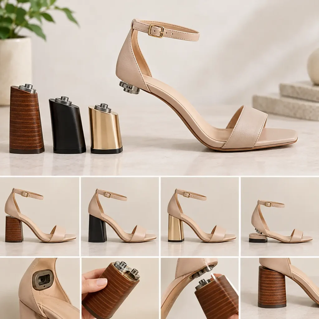 Convertible block heel sandal with interchangeable wood, black, gold, and flat heel options