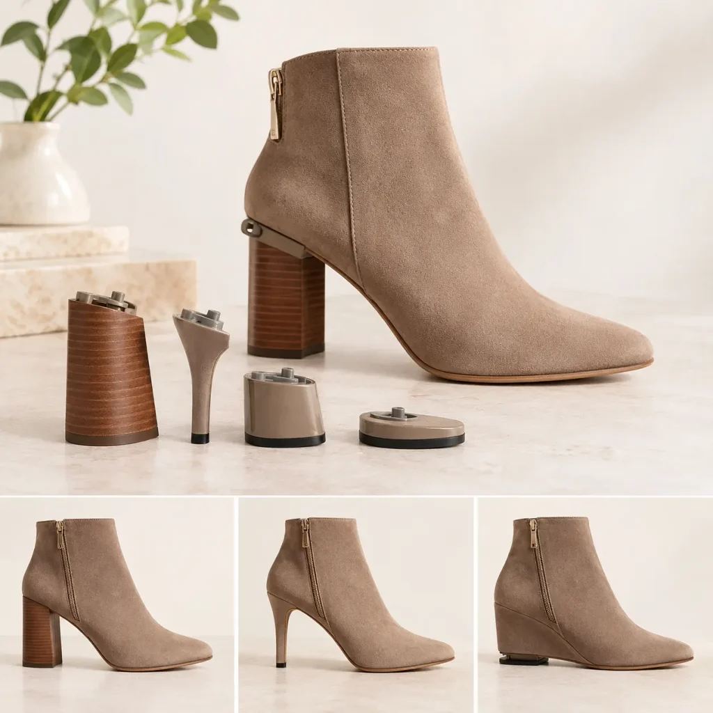 Convertible bootie with interchangeable heel options in a neutral suede ankle-boot design
