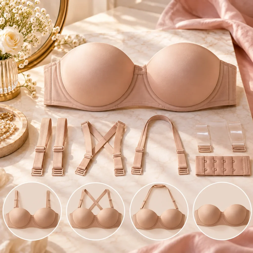 Nude convertible multiway strapless bra with detachable straps for strapless, halter and cross-back styling.