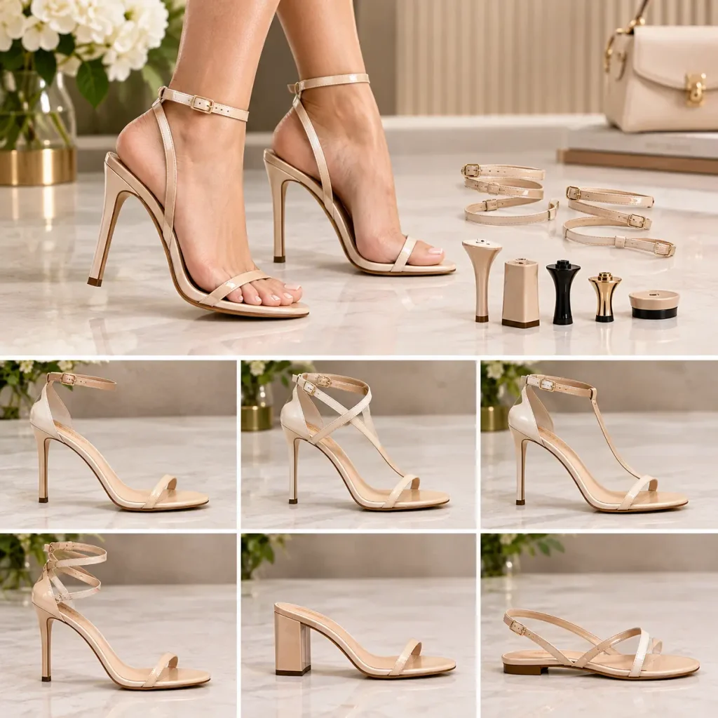 Convertible strappy sandal with interchangeable heel options for stylish and versatile wear