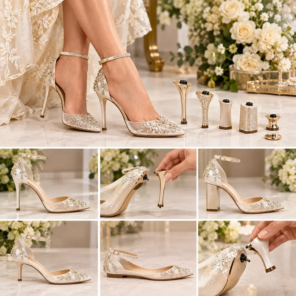 Elegant ivory convertible wedding heel with interchangeable heel heights for brides