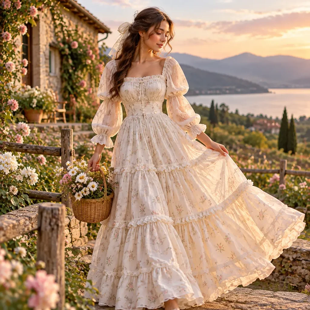 Cottagecore puff sleeve prairie dress with floral details and flowing skirt in a countryside garden
