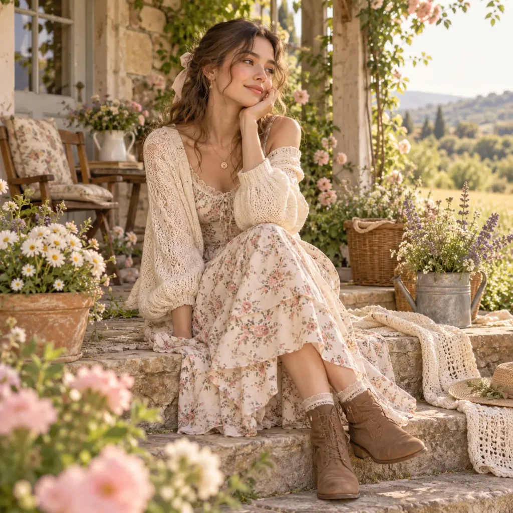 Cottagecore woman wearing floral prairie dress, cream cardigan and brown boots in a garden setting