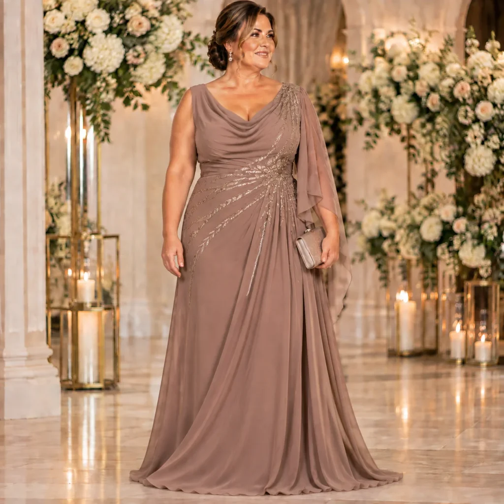 Elegant plus size mother of the bride cowl-neck gown with metallic accents