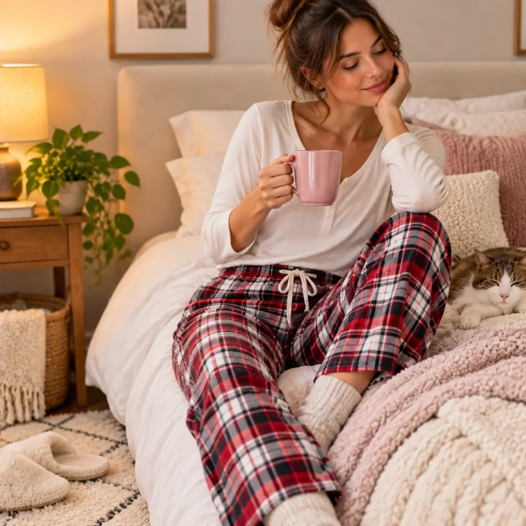 Woman wearing cozy flannel pyjama pants sitting on a bed with a warm mug in a softly lit bedroom during a relaxing morning.