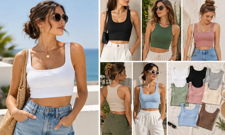 11 crop tank top styles for summer featuring different necklines, straps, colors, and designs.