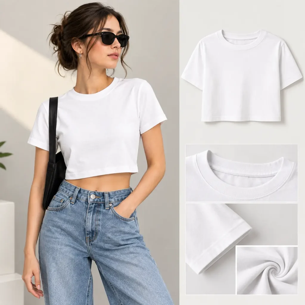 Woman wearing a white cropped basic tee with high-waisted light-wash jeans and a black shoulder bag, showcasing the short waist-length silhouette and clean crew neckline.