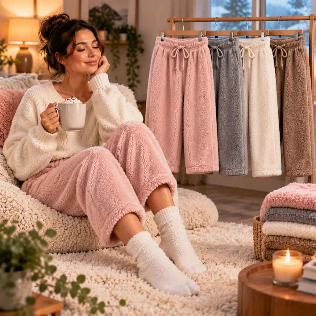 Cropped fluffy pants with soft fleece texture styled with cozy socks in a warm indoor lounge environment