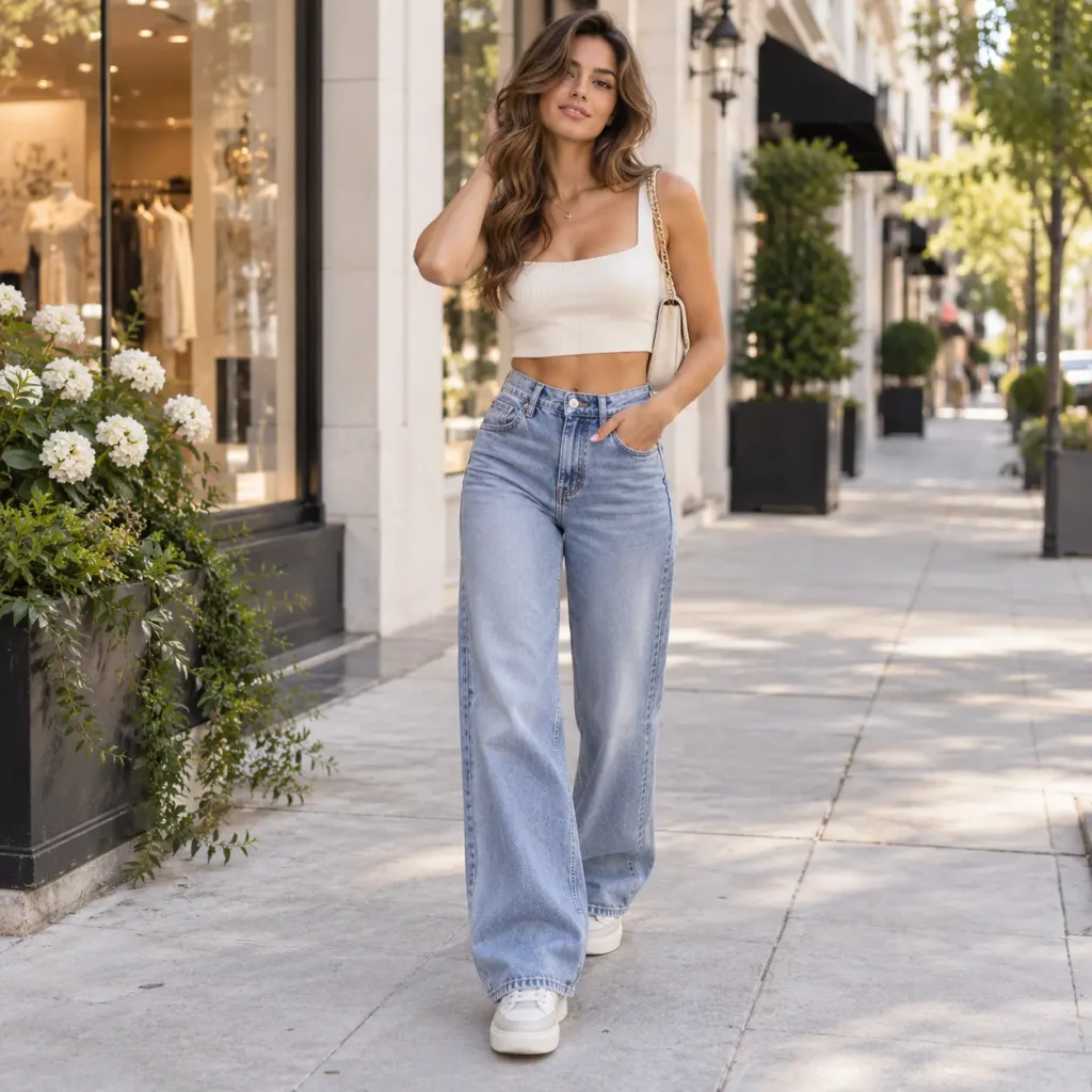 Woman wearing a cropped top with high-waisted jeans for a modern take on millennial street style fashion