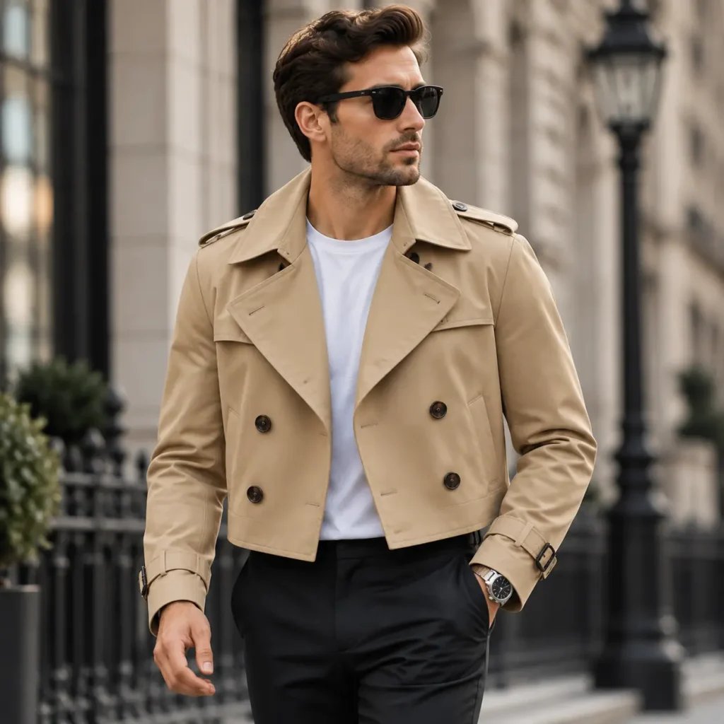 Modern cropped beige trench coat styled with casual menswear and sunglasses on a city street