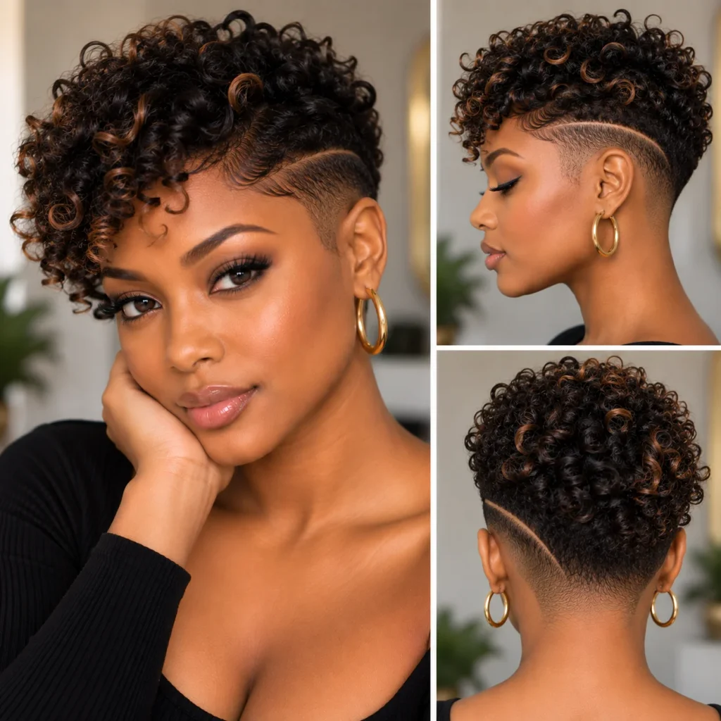 Black woman with a curly pixie cut and tapered undercut design