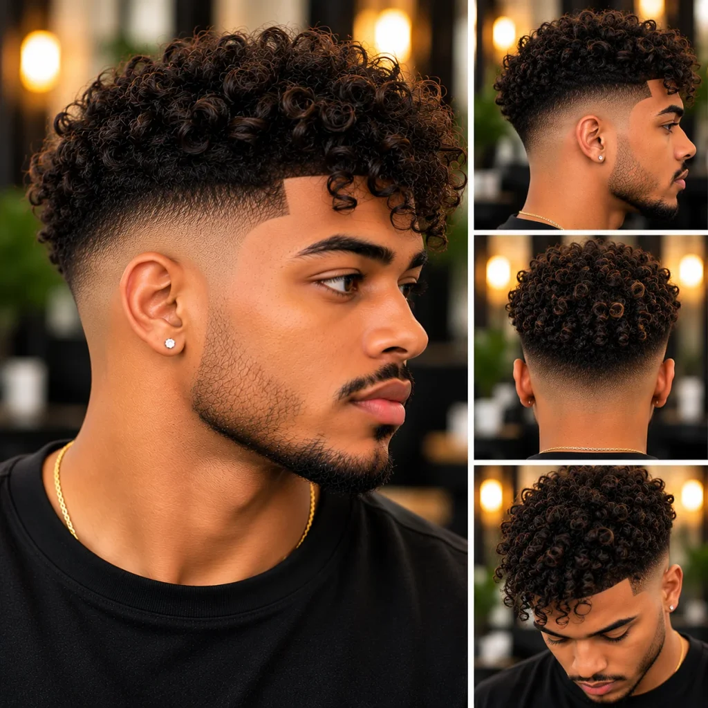 Black man with a voluminous curly top and skin fade, featuring defined curls, sharp edges, and a groomed beard.