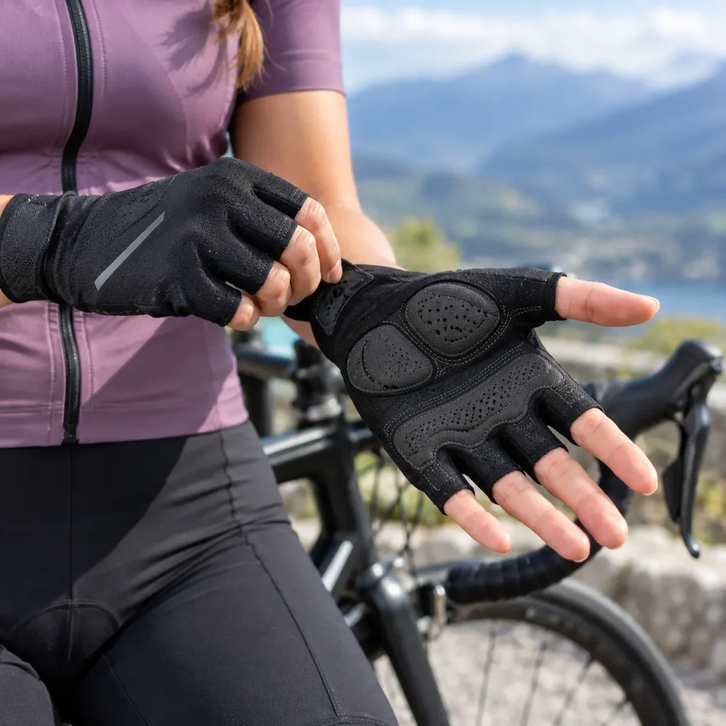 Cyclist wearing black cycling gloves with padded palms beside a road bike