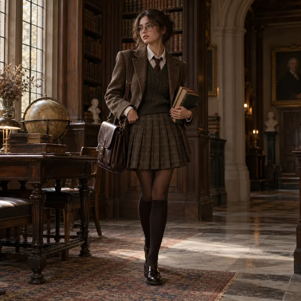 Dark academia outfit with tweed blazer, sweater vest, pleated skirt, loafers and leather satchel