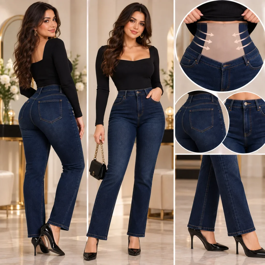 Woman wearing dark wash tummy control jeans styled with heels for a polished occasion look.