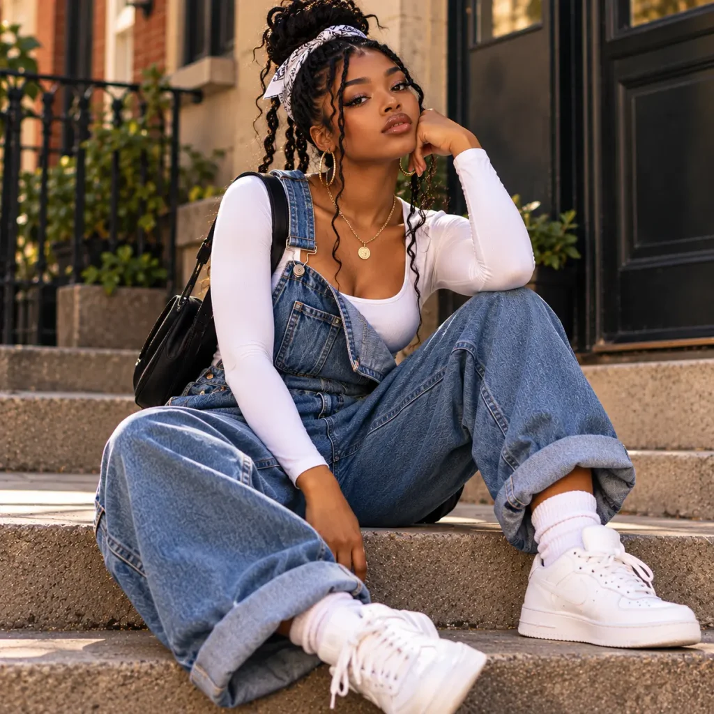 Black woman wearing oversized denim overalls with a fitted white bodysuit and sneakers in a relaxed 90s tomboy look.