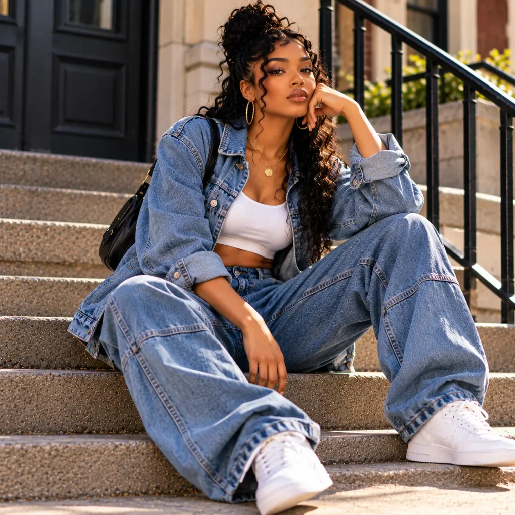 Black woman wearing an oversized denim jacket, baggy jeans and white crop top in a 90s denim-on-denim tomboy outfit.