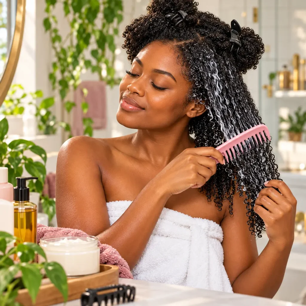 Black woman gently detangling wet 4C natural hair with conditioner and a wide-tooth comb to reduce knots and breakage.