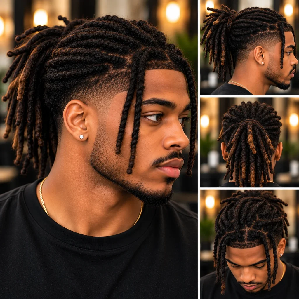 Black man with stylish locs and dreadlocks, faded sides, sharp edges, and a neatly groomed beard.