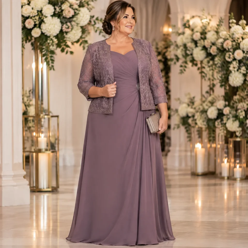 Plus size mother of the bride dress with a matching lace jacket for wedding