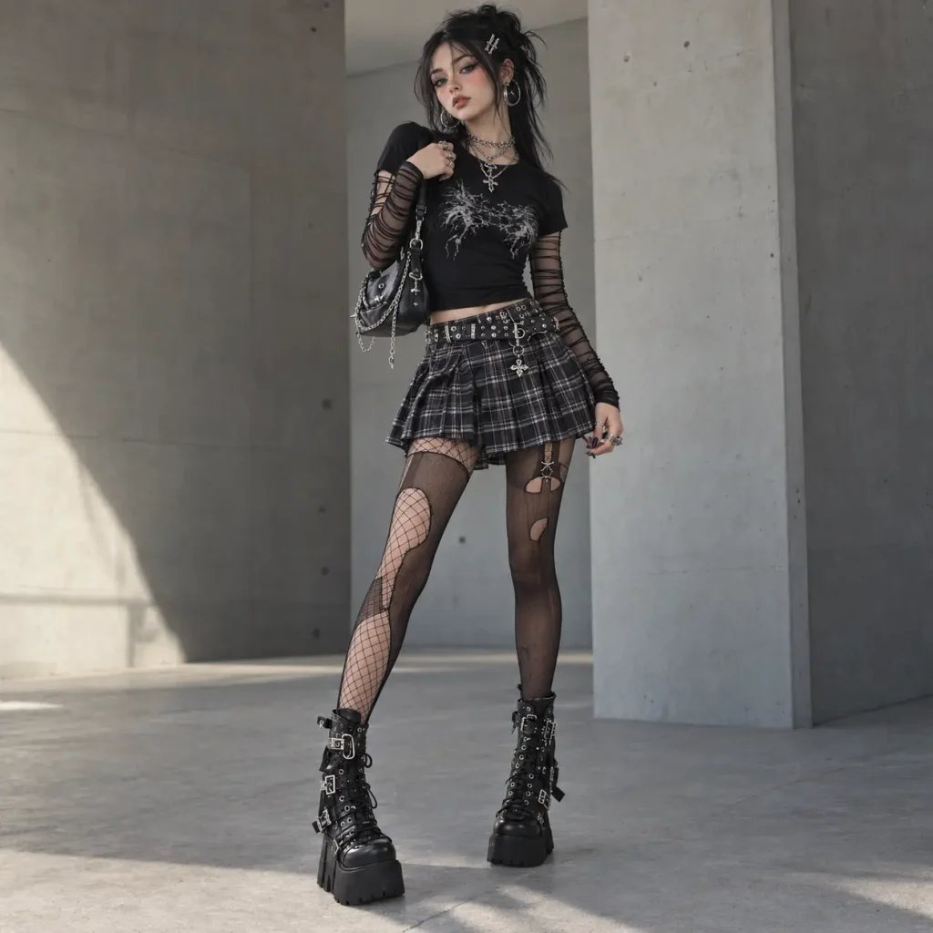 E-girl outfit with plaid skirt, mesh layers, fishnet tights, platform boots and chain accessories