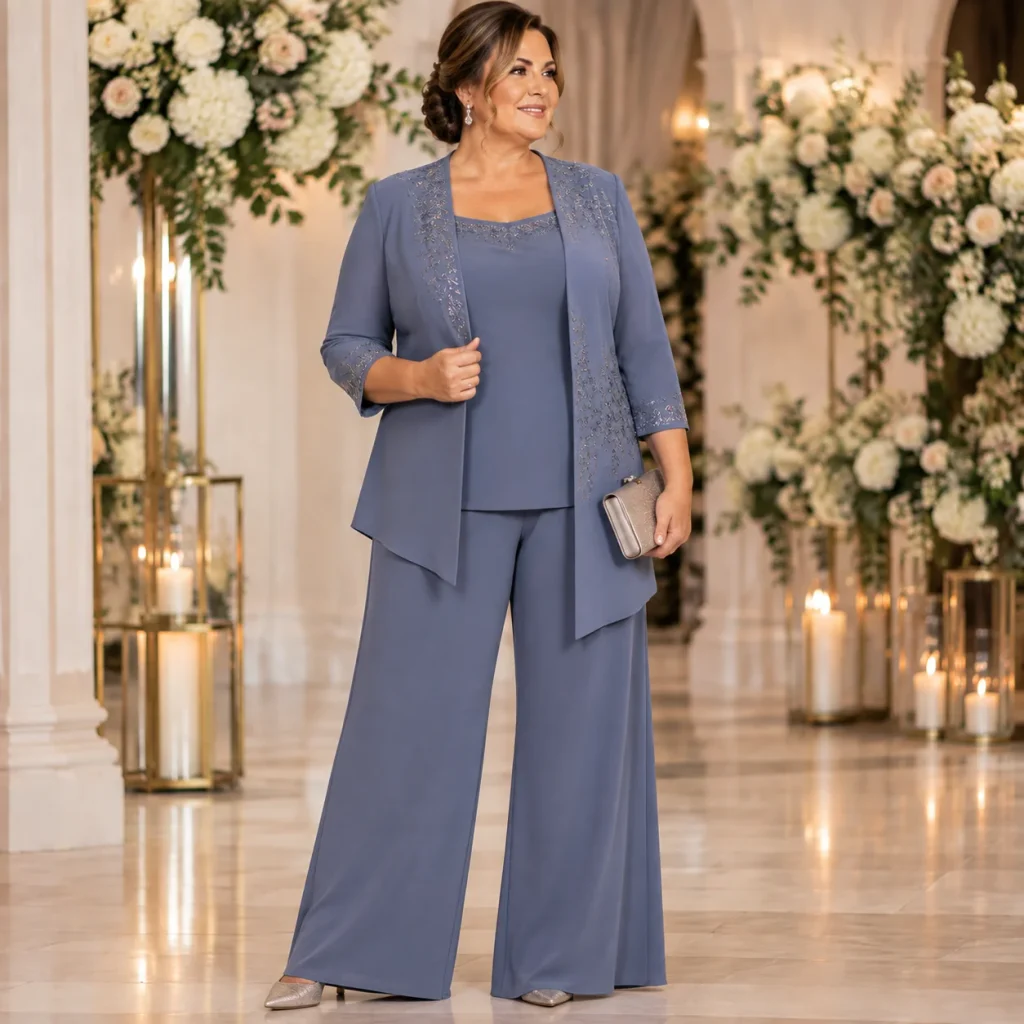 Elegant plus size mother of the bride pantsuit with wide-leg trousers for wedding