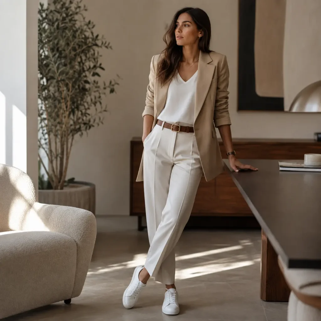 Woman wearing a beige blazer, white blouse, tailored trousers, and white sneakers for an elevated casual boss lady look.