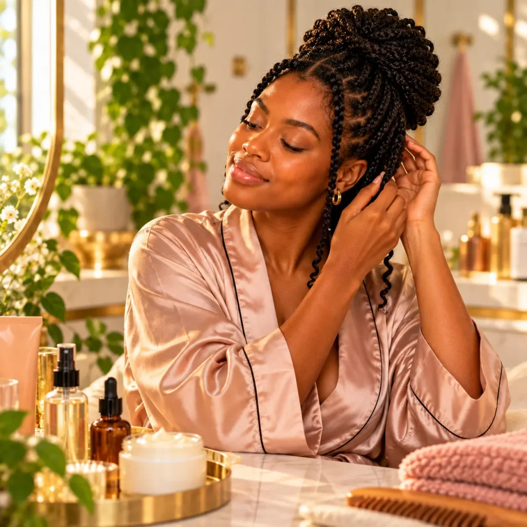 Black woman wearing a braided protective hairstyle designed to reduce manipulation and protect healthy 4C natural hair.