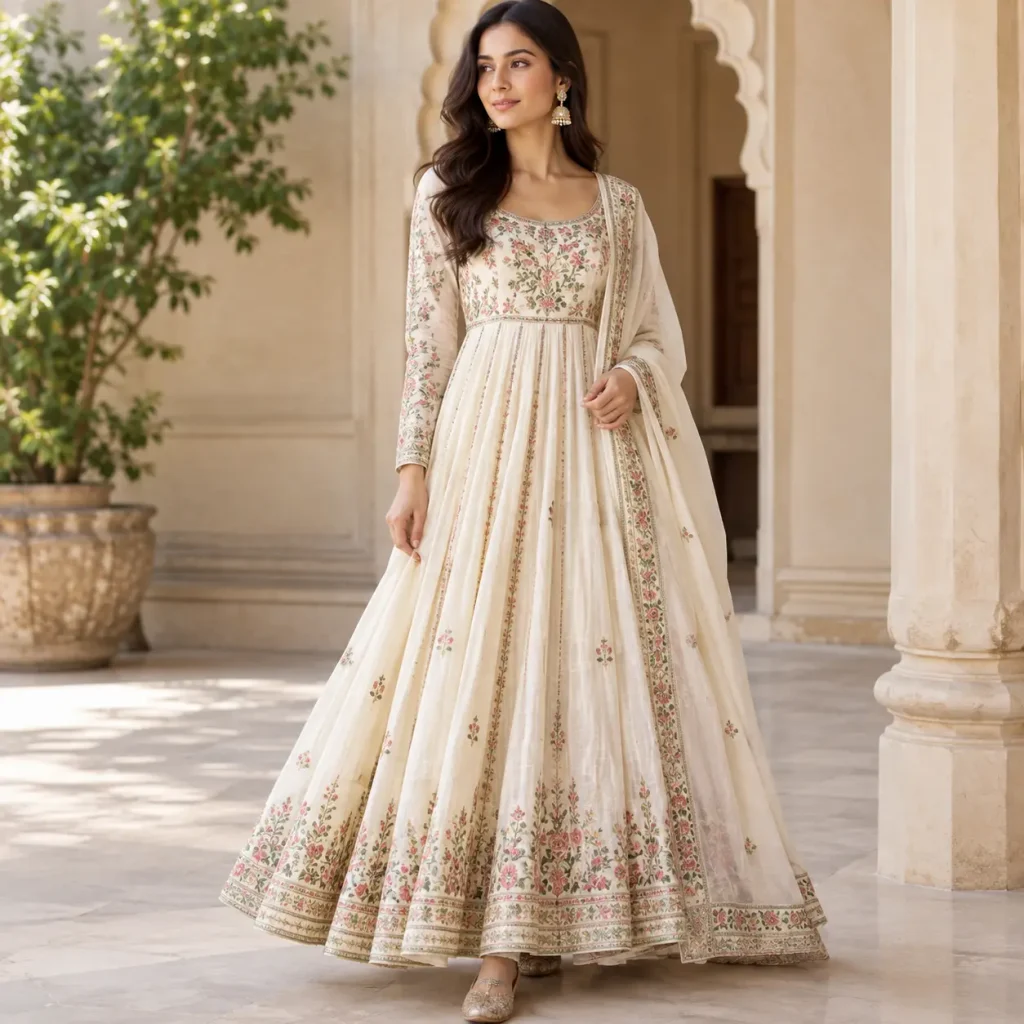Embroidered cotton Anarkali dress with traditional floral detailing and a flowing silhouette
