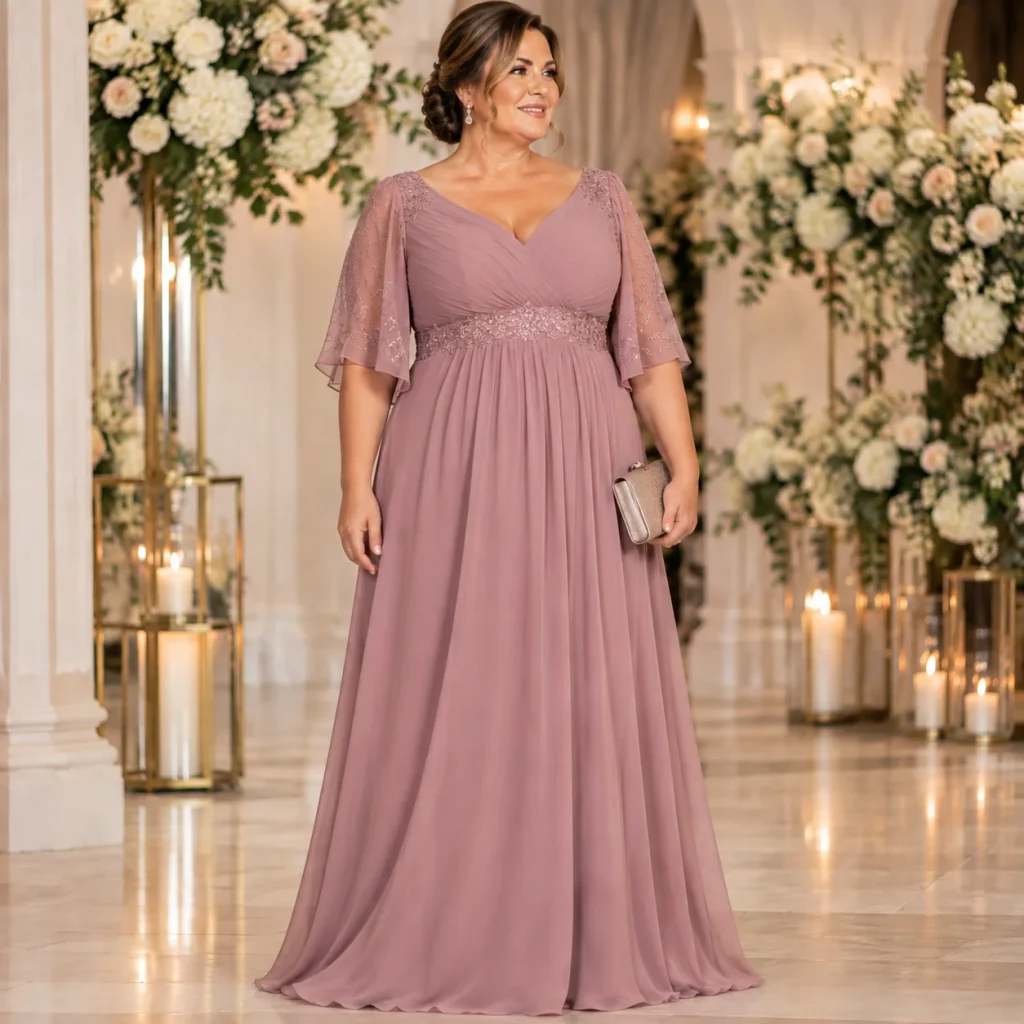 Plus size mother of the bride wearing a flowing empire waist maxi dress